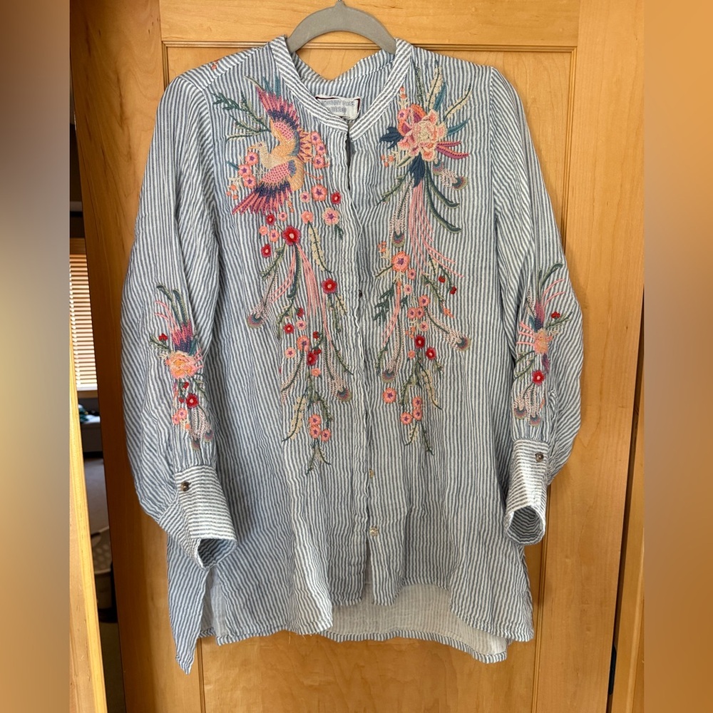Johnny Was Blue Striped Button Down Shirt with Floral Embroidery